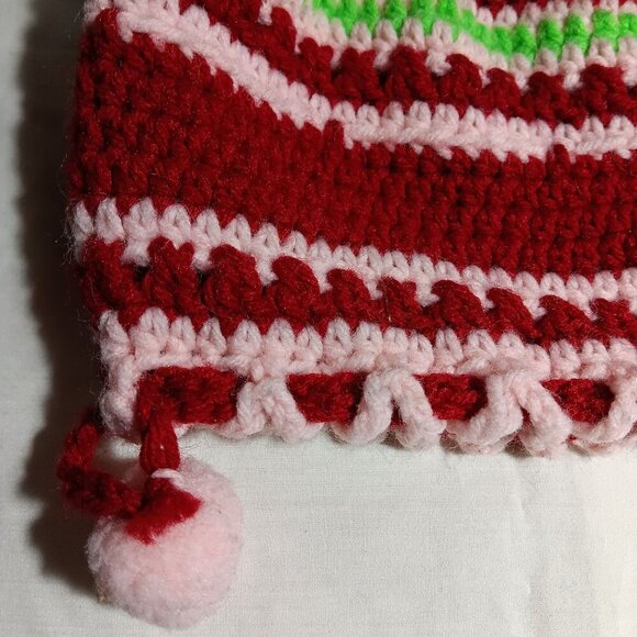 Vintage Handmade Crochet Hat Red White Green Striped Pattern With Pom-Pom Trim - Picture 8 of 10
